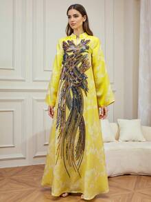 Elegant & Fashionable Women's Long V-Neck Kaftan Dress With Shiny Applique, Suitable For Eid Al-Fitr, Eid Al-Adha, Home, Daily Wear, And Dates - Yellow - View 8