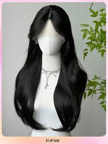 TOPSHE 13*5*1 T型蕾丝前假发，24英寸柔软黑色无刘海假发，耐热合成纤维，适合日常、派对、旅行、角色扮演、圣诞节及其他场合。 - 黑色 - 查看 5