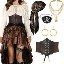 5pcs Halloween Pirate Costume Set, Including (1 Brown Belt, 1 Black Headband, 1 Earring, 1 Eye Patch, 1 Necklace), Suitable For Role Play, Halloween Events, Parties, Balls, Gatherings - Multicolor - View 1