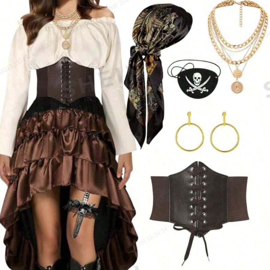 5pcs Halloween Pirate Costume Set, Including (1 Brown Belt, 1 Black Headband, 1 Earring, 1 Eye Patch, 1 Necklace), Suitable For Role Play, Halloween Events, Parties, Balls, Gatherings - Multicolor - View 1