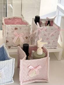 Heart Quilted Storage Basket Mini Square Storage Box Cute Plaid Pattern Skincare Storage Bin Soft Fabric Makeup Storage Pouch Large Capacity Desk Items Organizer Bin Makeup Tools Storage Brushes Storage Bag - Multicolor - View 2