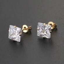 PMKMKM 1對不銹鋼四爪方形方晶鋯石耳釘適合男人及女人,簡約風和高貴風格 - 金色 - 查看 8