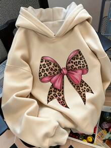 1pc Tween Girl Casual Printed Pullover Sweatshirt, Thermal Lined, Long Sleeve, Autumn/Winter Student Clothing - Apricot - View 1