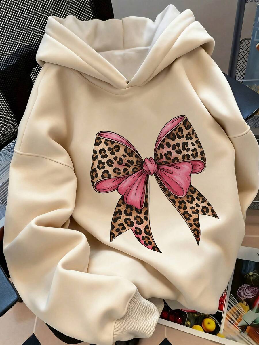 1pc Tween Girl Casual Printed Pullover Sweatshirt, Thermal Lined, Long Sleeve, Autumn/Winter Student Clothing - Apricot - View 1