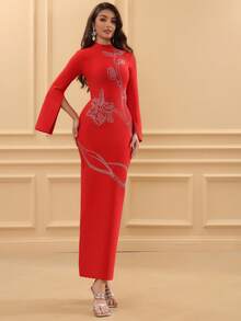 Love Aing Đầm đỏ tay dài dành cho nữ, sang trọng và trang trọng, được thiết kế như một chiếc váy dạ hội, thanh lịch, trang nhã và duyên dáng. Được đính sequin và có thiết kế xẻ tà, có thể mặc như váy cưới, và phù hợp cho các lễ hội, hẹn hò, tiệc cocktail, bữa tối và các buổi tiệc. Một chiếc đầm dài thanh lịch. - Đỏ - Xem 7