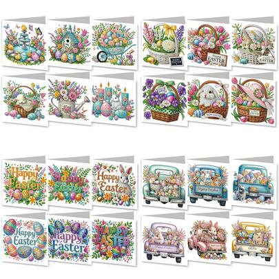 1pc/4pcs DIY Easter Diamond Painting Card Kit, Easter Bunny, Eggs, Basket, Truck Glitter Pattern Design, Diamond Art Mosaic Postcard, Holiday Greeting Card, Suitable For Thanksgiving, Birthday, Easter, Valentine's Day To Express Warm Wishes And Best Blessings, Great For Family, Friends And Lover's Holiday Party Invitations, Handmade Craft Gift Set, Diamond Painting Kit With Envelopes