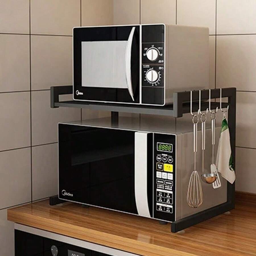2 Tiers Adjustable Kitchen Shelf With Hooks, Microwave Oven Rack, Rice Cooker Rack, Iron Storage Organizer For Small Spaces/Countertops/Corners/Pantry, Black - 2 Tiers: 39-63*36*42cm - View 1