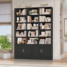 209cm Bookcase Tall Bookshelf With Doors 7-Tier Living Room Bookcase And Shelving Unit Free Standing Display Rack With 15 Open Compartments 209x150x23.7cm Black - Black - View 8