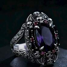 哥特复古独特女士时尚蝙蝠骷髅头合成红紫色锆石戒指 - 日常嘻哈朋克女士戒指，街头女士休闲珠宝配饰