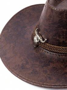 1pc Unisex Solid Color PU Leather Cowboy Hat, Unique Shiny 3D Steer Head Design With Leather & Metal Wide Belt Decor, Wide Brim Sun Protection Hat, Adjustable Strap, Cyberpunk Stylish Punk Retro Vibe, Suitable For Parties, Western Themed Events, Cosplay, Street Style Looks, Gifts For Men - Silver Bull Cowboy Hat - View 8