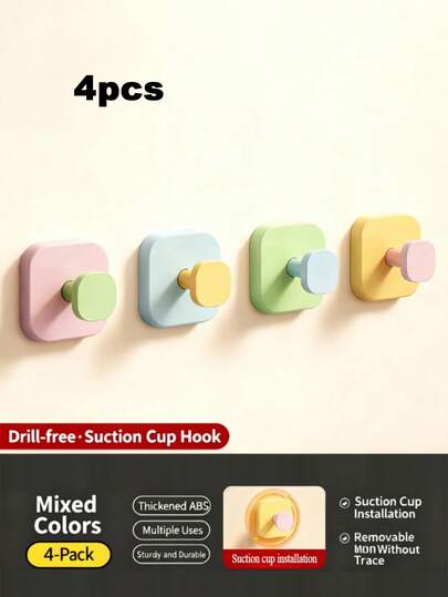 4pcs Dopamine Powerful Suction Cup Hooks - No Drilling, Painless Adhesive Wall Hooks, Vibrant Colors, Convenient Storage & Organization, Can Be Used As Coat Hooks In Living Room, Bedroom, Kitchen, Bathroom And More