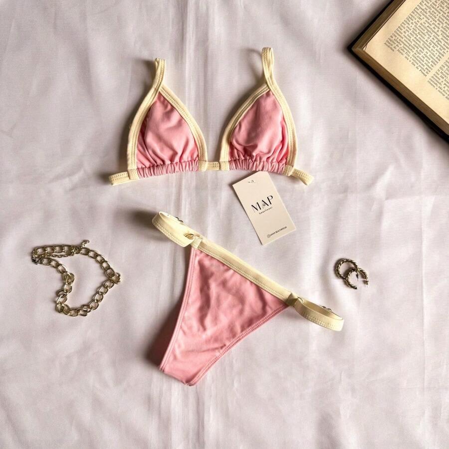 Two-Tone String Bikini With Adjustable Straps. - Màu hồng nhạt - Xem 1