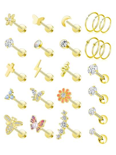 25Pcs 16G Cartilage Earrings Stud For Women Men Stainless Steel Helix Conch Hoops CZ Opal Flower Butterfly Moon Lighting Snake Bee Forward Rook Tragus Flat Screw Back Piercings Jewelry