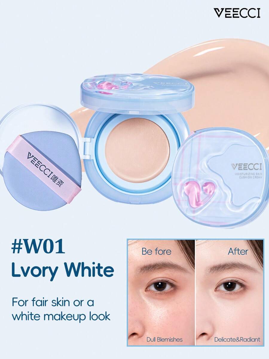 VEECCI 保湿气垫粉底，有效遮瑕，打造自然妆效，滋养柔滑持久配方，营造轻盈裸妆感，适合学生和上班族使用。 - #W01 Lvory White - 查看 1