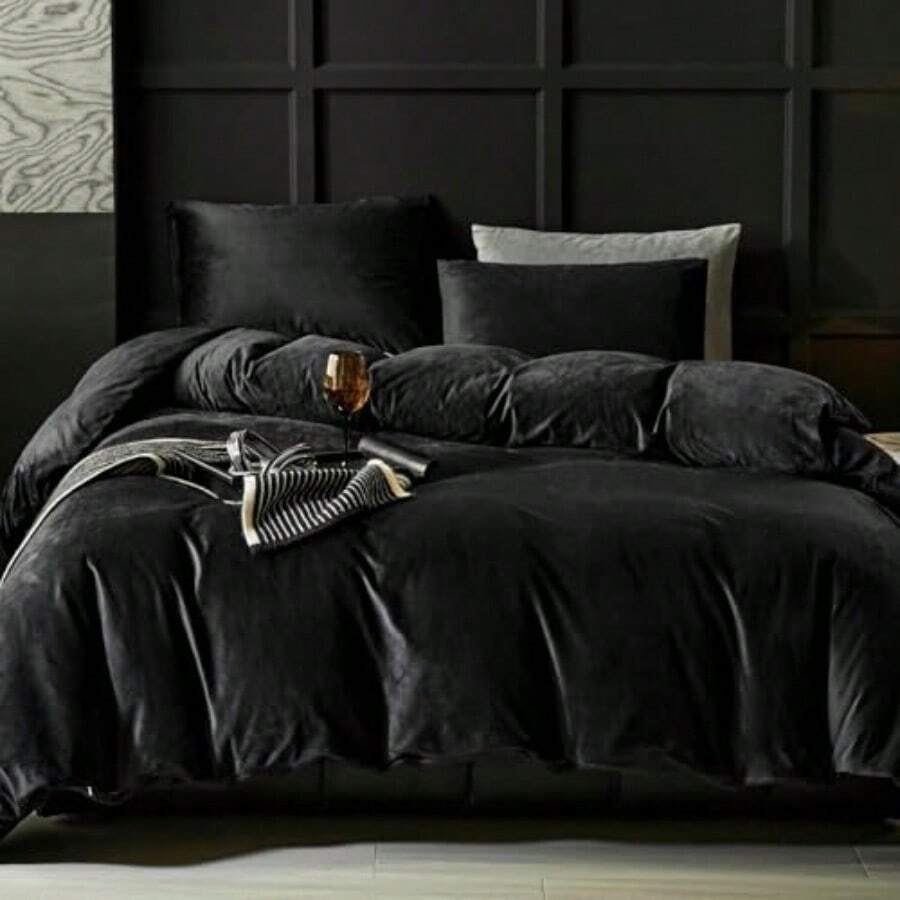 Black Velvet Duvet Cover Queen Size Flannel Duvet Cover Bedding Sets 3pcs Ultra Soft Luxury Textured Modern Crystal Velvet Duvet Covers With Zipper Closure Black Queen - Black+King - View 1