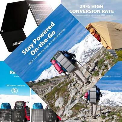 Portable solar panel charger for phones tablets cameras, fast USB C 18W QC 3.0 and USB A ports, energy bank, IPX5 waterproof