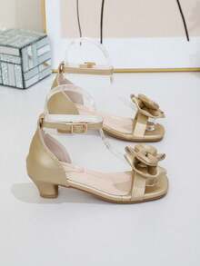 1双女童夏季高跟凉鞋，双层水钻蝴蝶结，梦幻公主鞋，方头设计，适合派对、聚会、学校演出等场合 - 金色 - 查看 5