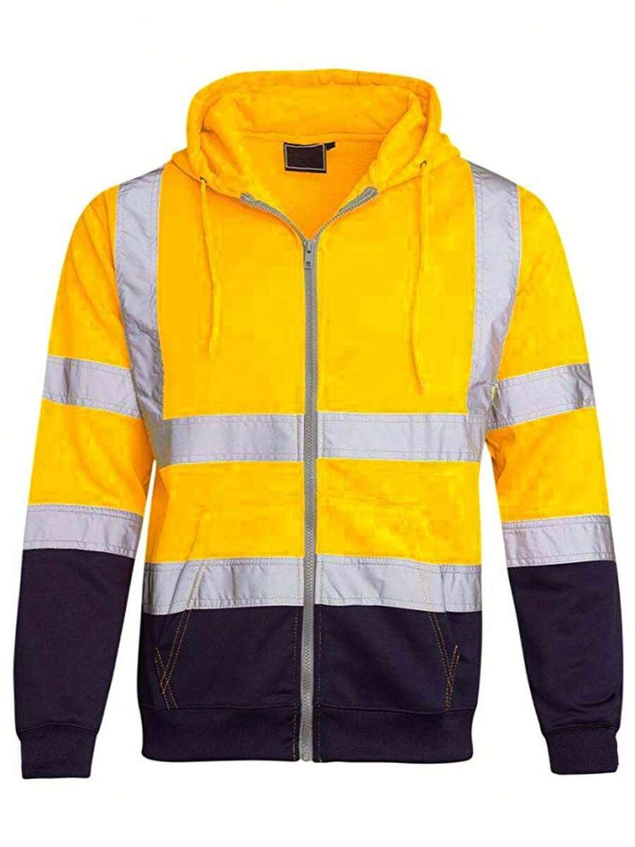 Men's Hooded Sweatshirt With Reflective Strips, Sanitation Worker Outdoor Work Uniform, Fleece Color-Blocked Zip-Up Sweatshirt - Màu vàng - Xem 1