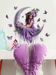 1张PVC可移除墙贴，卡通美人鱼、粉色独角兽、紫色月亮女孩、蝴蝶女孩图案，适用于儿童房、卧室、客厅、书房、餐厅、浴室、家居装饰 - 彩色 - 查看 11