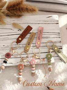 Customized PU Leather Keychain, Daisy Beaded Keyring With Customizable Name And Flower Pendant, Portable Monogram Bag Charm, Faux Pearl Key Accessory - Multicolor - View 5
