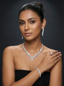 5pcs V-Shaped Cubic Zirconia Jewelry Set Including Necklace, Earrings, Ring, Bracelet, Suitable For Women Wedding, Party, Birthday, Holiday - Silver - View 2
