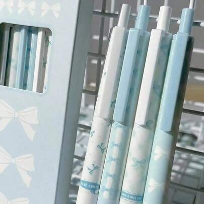 4支可爱蝴蝶结按动式中性笔，0.5mm细笔尖，书写流畅，黑色墨水，适用于办公室、学校，卡通风格，蓝色；串珠笔；水晶钻石装饰雕刻圆珠笔；趣味工作笔；美观笔；考试笔；速干耐用按动式笔，批量订购