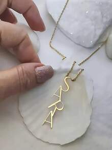 1pc Customized Name Necklace, Stainless Steel Chain Vertical Letter Design Personalized Pendant Necklace, Elegant & Minimalist Style, Ideal Gift For Her On Anniversary, Birthday, Wedding, Graduation, Holiday, Party, Mother's Day, Christmas - Gold - View 6