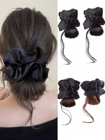 20 cm kompakt peruk med låg hästsvans och greppklämma, leopardmönstrat hårband för kvinnor, frisyr med simulerad blomknopp, naturlig fluffig uppsättning, perukpaket, lämplig för kvinnor