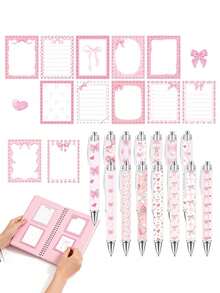 16pcs White & Pink Bow Theme Stationery Set, Includes Bow Pocket Notebook, Sticky Notes, Ballpoint Pen & Mini Notebook, Bow Theme Party Gift, Suitable For Butterfly Theme Baby Shower, Birthday Party & Office Supplies - Pink - View 1