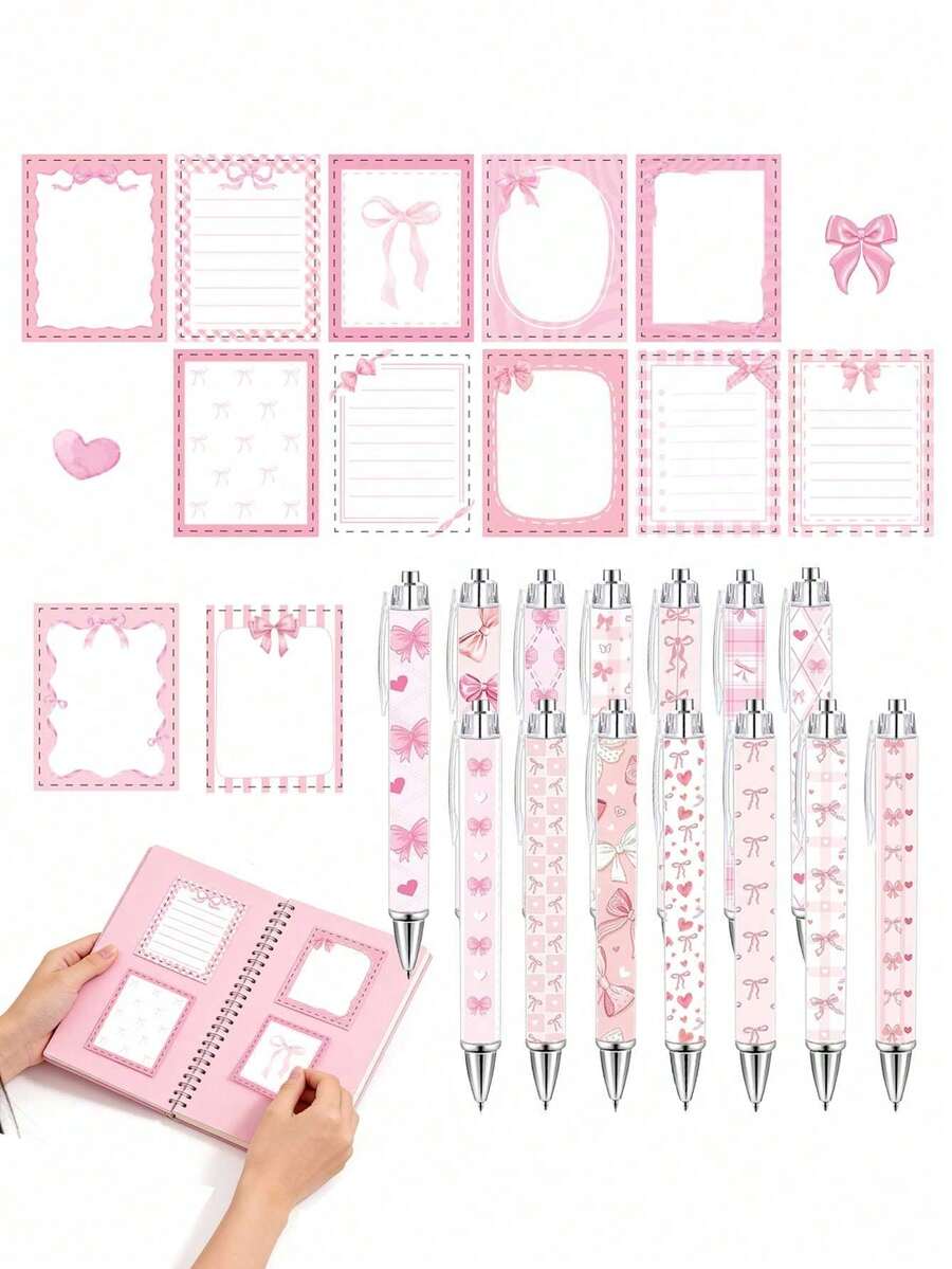 16pcs White & Pink Bow Theme Stationery Set, Includes Bow Pocket Notebook, Sticky Notes, Ballpoint Pen & Mini Notebook, Bow Theme Party Gift, Suitable For Butterfly Theme Baby Shower, Birthday Party & Office Supplies - Pink - View 1