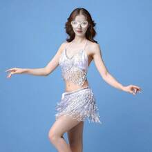 Sequin Belly Dance Scarf Tassel Wrap Sparkly Fringe Skirt With Pair Heart Party Rave Costume Women - Silver - View 7