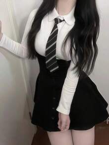 1pc Sweet Academic Style High Waist Single-Breasted Suspender Skirt + Short Sleeve Top Set, Cosplay Outfit, Couple Interaction, Photo Studio Shooting, Suitable For All Holidays, Valentine's Day Gift, Everyday & Holiday Wear Halloween - Multicolor - View 20