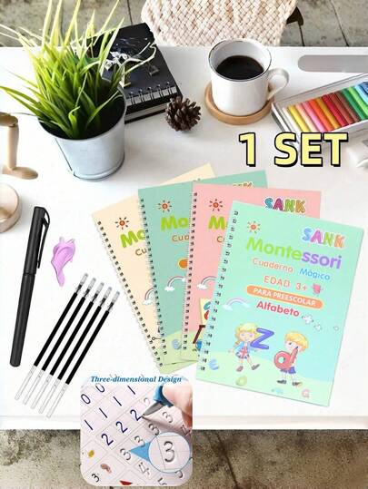 4 piezas de cuaderno de práctica mágico reutilizable para niños, libro de práctica de caligrafía en español, juguete de ejercicio de alfabeto de caligrafía Montessori, edición de cuaderno de caligrafía para niños