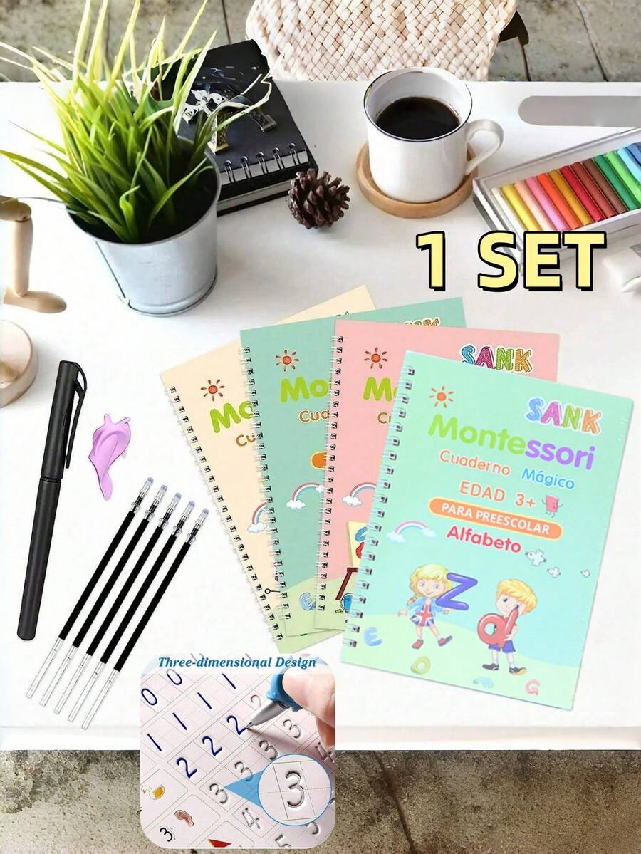 4pcs Reusable Children's Magic Practice Notebook, Spanish Calligraphy Practice Book, Montessori Calligraphy Alphabet Exercise Toy, Kids Calligraphy Notebook Edition - Multicolor - View 1
