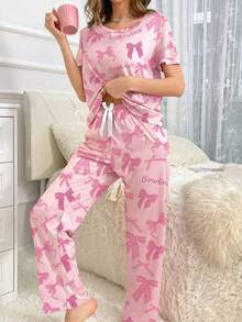Women's Casual Bow & Letter All-Over Print Pajama Set - Multicolor - View 6