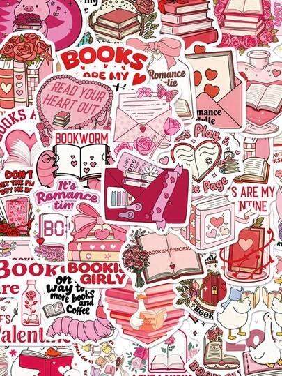 SCXXBSW 50pcs Pink Valentine's Day Bookish Creative Cartoon Stickers Suitable For Handbooks, Phone Cases, Laptops, Computers, Suitcases, Refrigerators Can Decorate Birthday, Christmas, Thanksgiving And Other Holiday Gift Scenarios