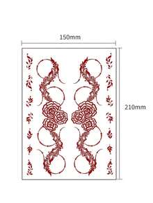 1张棕色防水花朵海娜纹身贴纸，女士专用，手部假纹身，婚礼派对节日临时纹身 - 酒紅色 - 查看 4