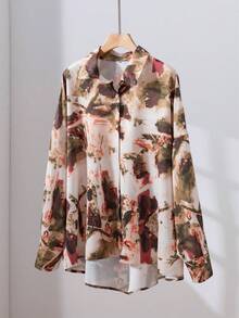 女士抽象涂鸦印花单排扣长袖衬衫，休闲优雅的春夏衬衫，适合晚间约会、旅行等场合。 - 彩色 - 查看 5