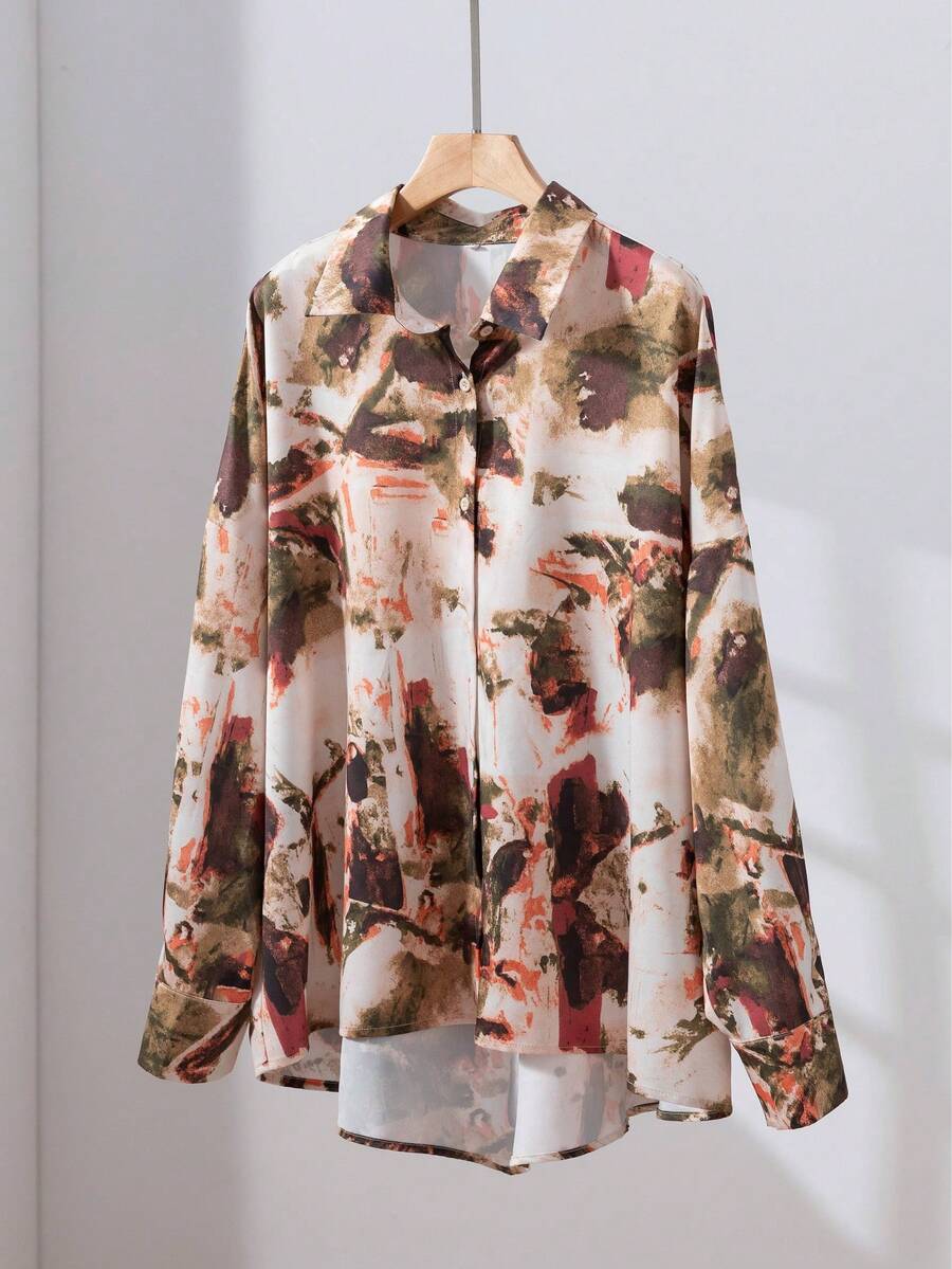 Camisa de manga larga de mujer con estampado de graffiti abstracto de una sola hilera, de estilo casual elegante para primavera/verano, adecuada para citas por la noche, viajes y otras ocasiones - Multicolor - Ver 1