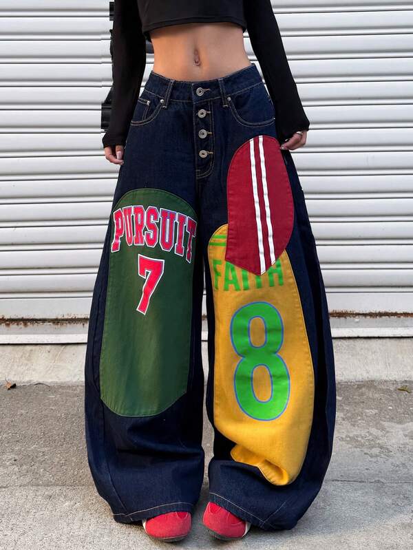 1pc Women's Japanese Street Fashion High Street Patchwork Multi-Button Print Wide Leg Pants, Loose Barrel Leg Jeans, Versatile For All Seasons (Belt/Accessories Not Included) Casual Spring