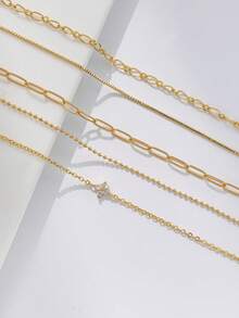 5件套女士手链套装，波西米亚夏季海滩风，包含镀金多层基础链、回形针链、串珠链、锆石四叶草吊坠，可叠戴多层手链，珠宝礼品 - 金黃色 - 查看 4