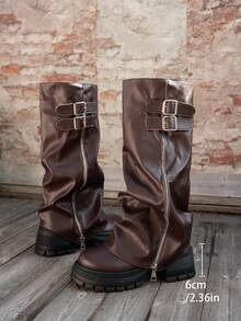 2025新款女式制服靴，真皮圆头粗跟防水厚底过膝长靴，四季皆宜，褶裥筒状设计，侧拉链和搭扣，时尚棕色女士高筒靴，尺码偏小一码