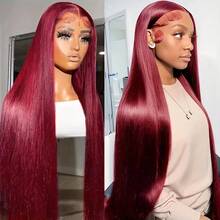 34 Inch 99J Burgundy Lace Front Wig Human Hair Brazilian Virgin Straight Lace Front Wigs Human Hair 250% Density Colored Human Hair Wig 13x4 HD Lace Frontal Wig For Women Burgundy Colored Pre Plucked With Baby Hair Natural Hairline - S99J - 查看 6