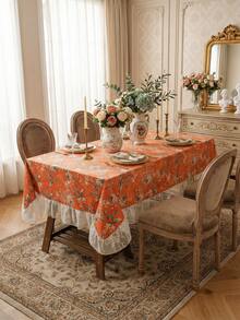 1pc Nordic Mink Velvet Floral & Bird Print Tablecloth, French Luxury Printed Tablecloth With Ruffle Edge, Suitable For Dining Room, Coffee Table, Living Room, Bedroom, Kitchen, Home Decor, Great For Party, Picnic, Wedding - Orange - View 4