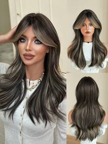 NICKY WALL 22 Inch Medium To Long Straight Brown Highlights Wig With Curtain Bangs, Layered, Natural Looking, Heat Resistant, Suitable For Women's Daily Wear And Parties, Beginner-Friendly - Brown Highlight - View 3