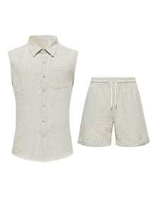 男士休闲无袖翻领上衣和短裤两件套，适合度假、海滩、日常休闲穿着，夏季适用 - 灰色 - 查看 2