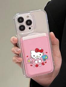 Sanrio 1pc Transparent Magnetic Case + Cute Kitty Magnetic Card Holder PU Leather Phone Case Compatible With IPhone 11/12/13/14/15/16/17 Pro Max - Pink - View 2