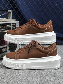 Dark Brown Leather Casual Sneakers For Women, Thick-Soled Height-Increasing Comfortable Skate Shoes, Simple, Lightweight, Versatile Women's Shoes, Suitable For Daily Commuting, Travel, And Leisure, Unprinted, Can Be Worn All Year Round, Unisex Couple Shoes - Brown - View 5