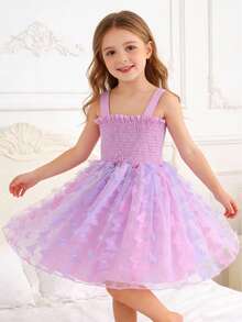 1件装 少女可爱优雅甜美薄纱蝴蝶渐变色吊带蓬蓬裙，适合生日、节日、庆典等派对正式场合，四季皆宜