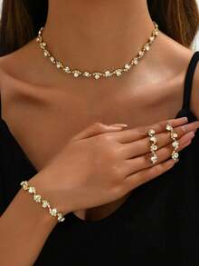 Elegant & Simple Four-Piece Set Of Necklace, Earrings, And Bracelet With Rhinestones For Evening Party, Bridal Wedding Accessories - Vàng - Xem 2